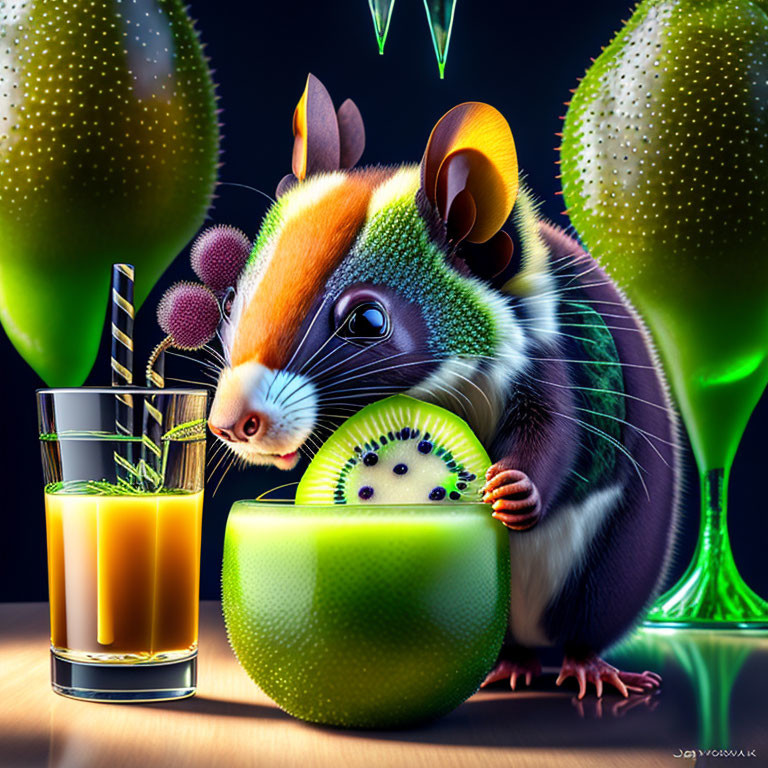 Colorful anthropomorphic mouse with kiwi slice and juice in whimsical illustration