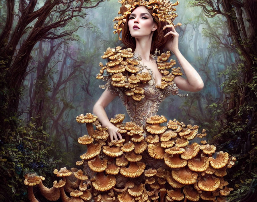 Woman in mushroom-themed outfit in mystical forest setting.