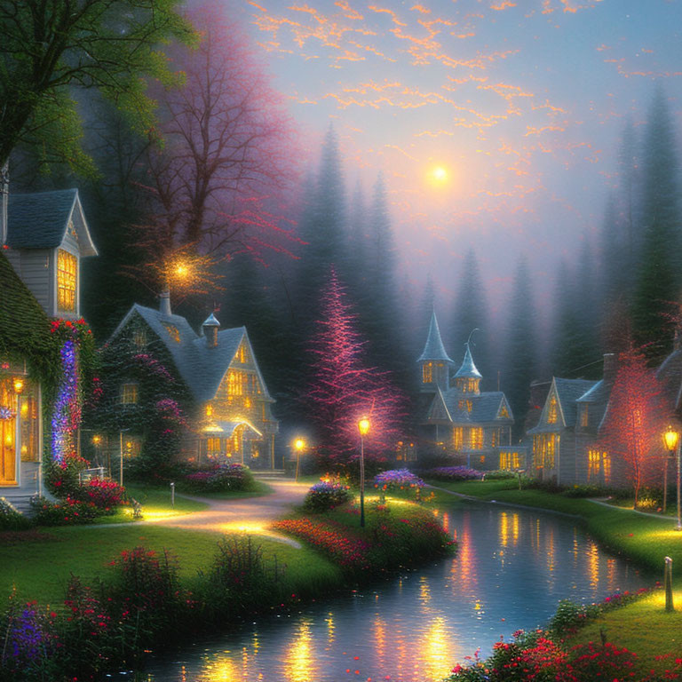 Scenic village with glowing houses near river at twilight