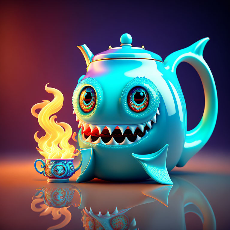 Whimsical 3D Monster Teapot Illustration with Sharp Teeth Smiling