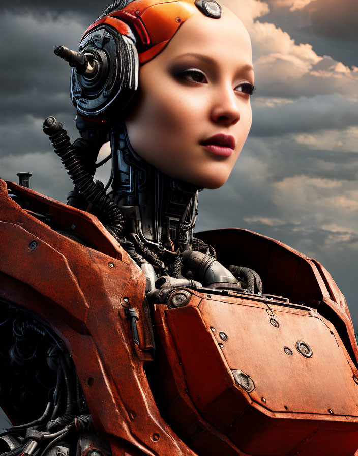 Detailed humanoid robot with lifelike female face against dramatic sky