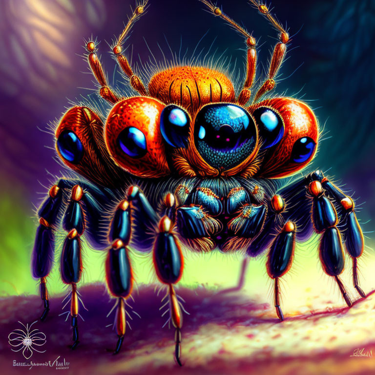 Colorful Spider Illustration with Detailed Eyes on Blurred Background