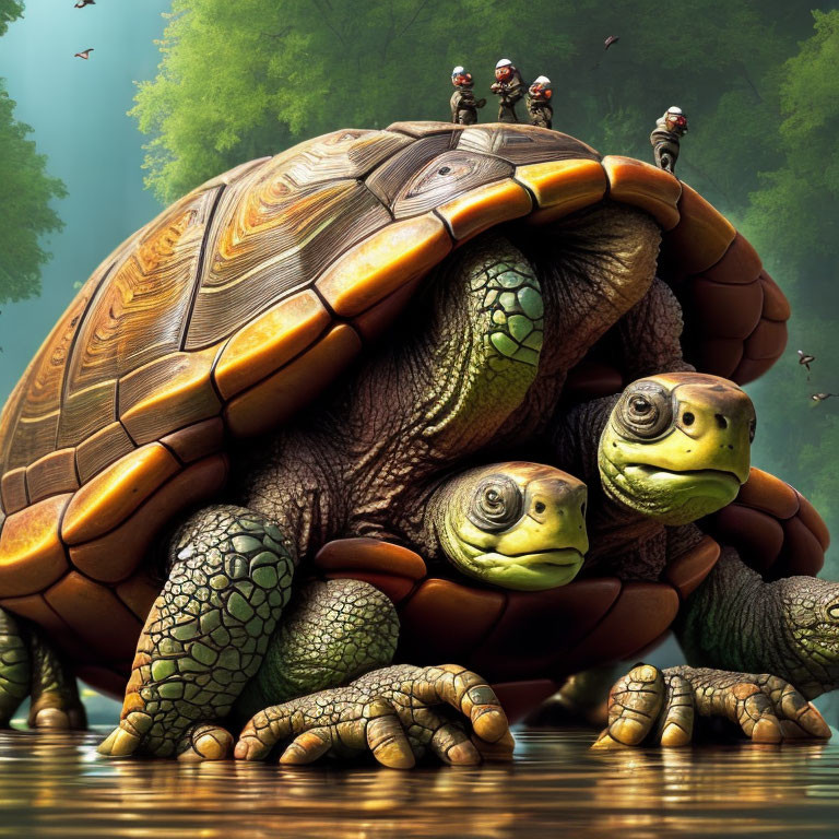 Animated Family of Turtles Gather Around Large Turtle in Forest Setting