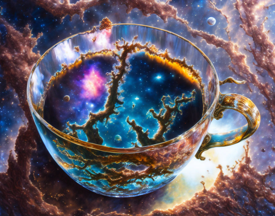 Translucent teacup with cosmic scene and stars.