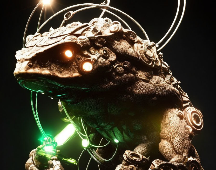 Futuristic robotic toad with glowing eyes and intricate mechanical details