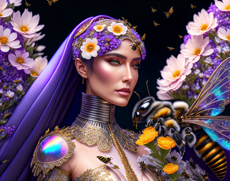 Fantasy portrait of a woman with purple hair, floral crown, golden armor, and a bee in
