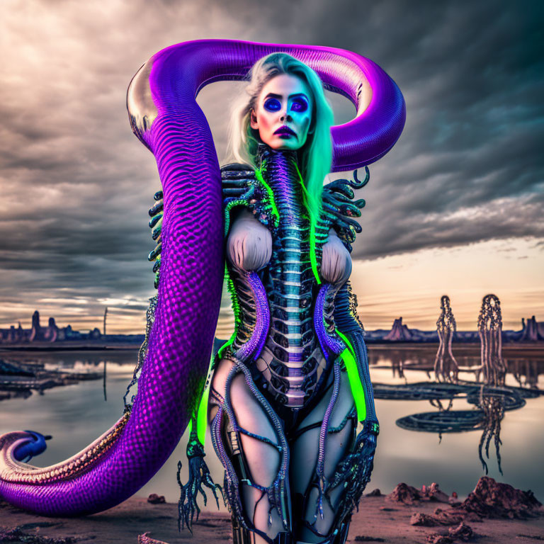 Digital art: Futuristic female figure with snake-like appendages in surreal landscape