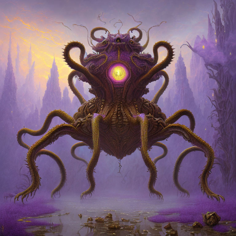 Fantastical octopus-like creature in misty alien landscape