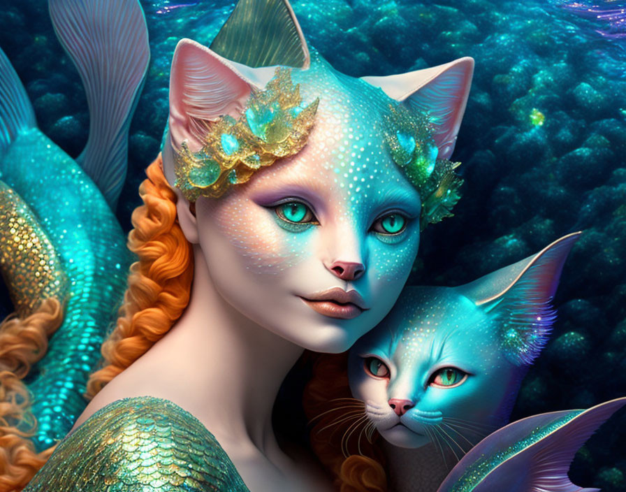 Fantastical cat-like figures with golden leaf adornments in underwater scene