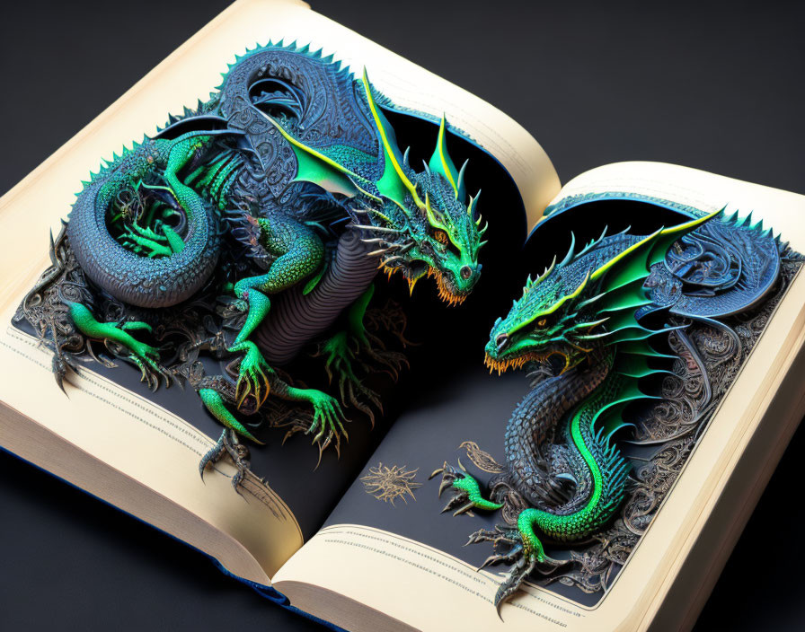 Intricate 3D dragons emerging from open book pages