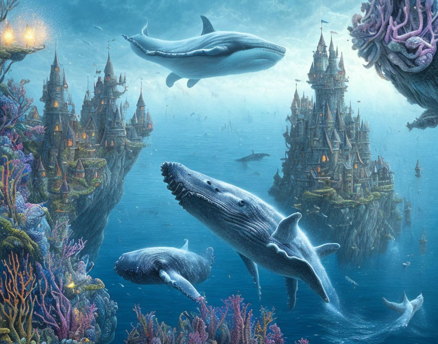 Whales swimming in coral reef with castle-like structures in serene ocean