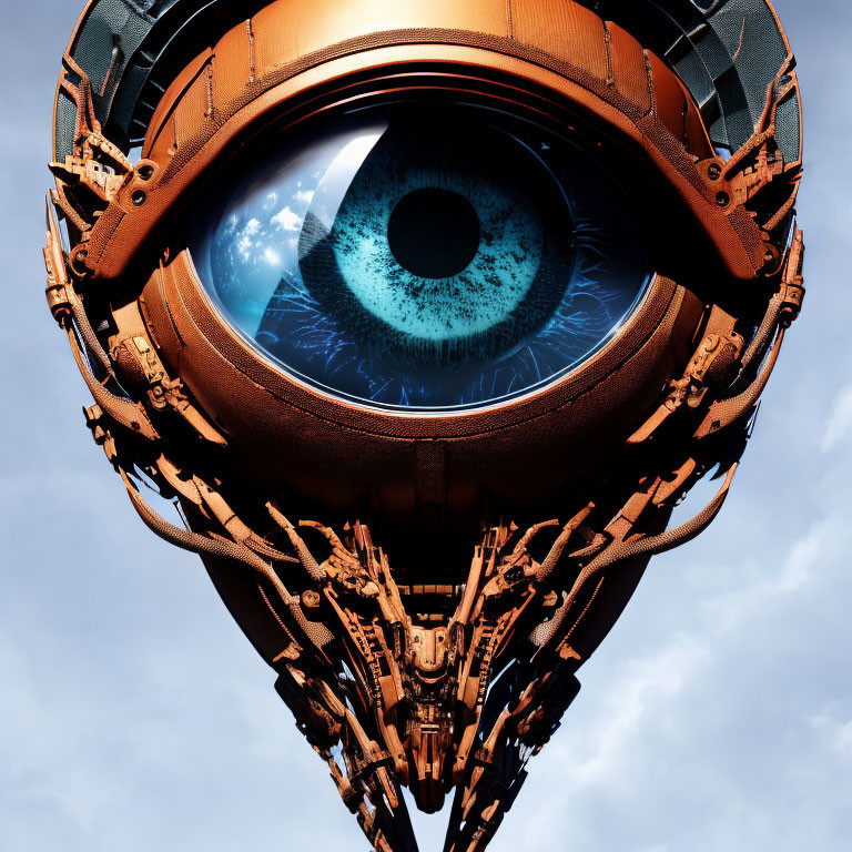 Futuristic mechanical structure with blue human eye on cloudy sky