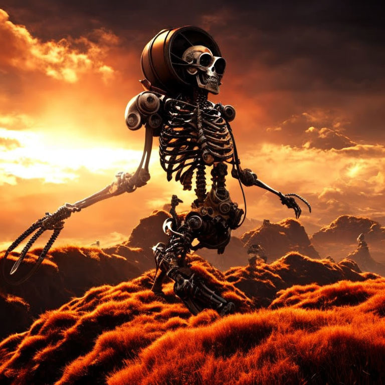 Robotic skeleton with skull head in fiery landscape