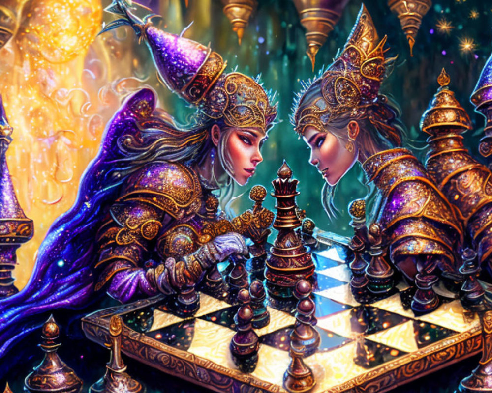 Fantasy women in ornate crowns and armor playing magical chess.