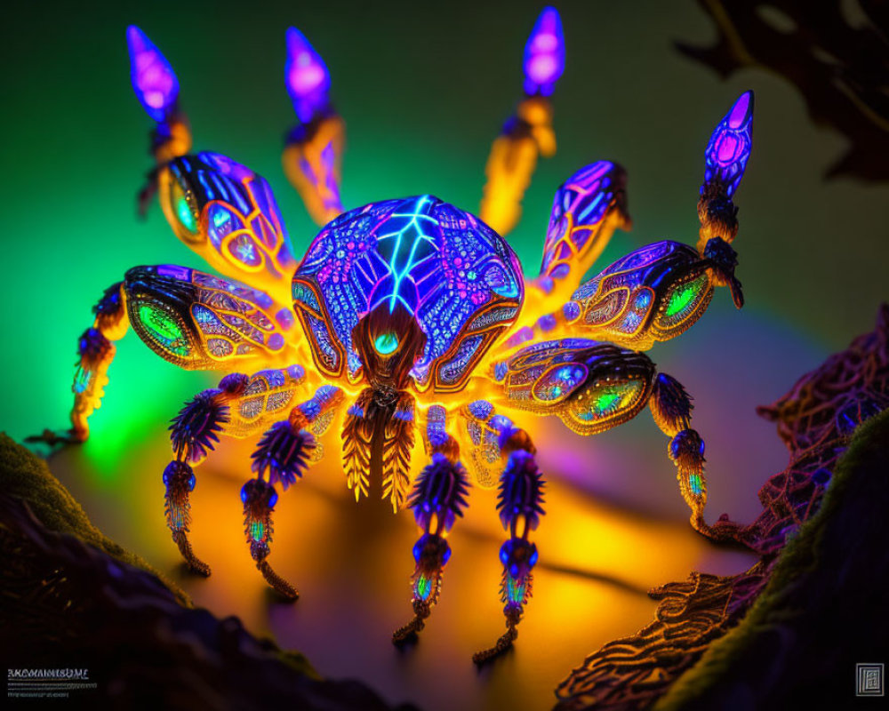 Colorful illuminated spider art with neon lights on gradient background
