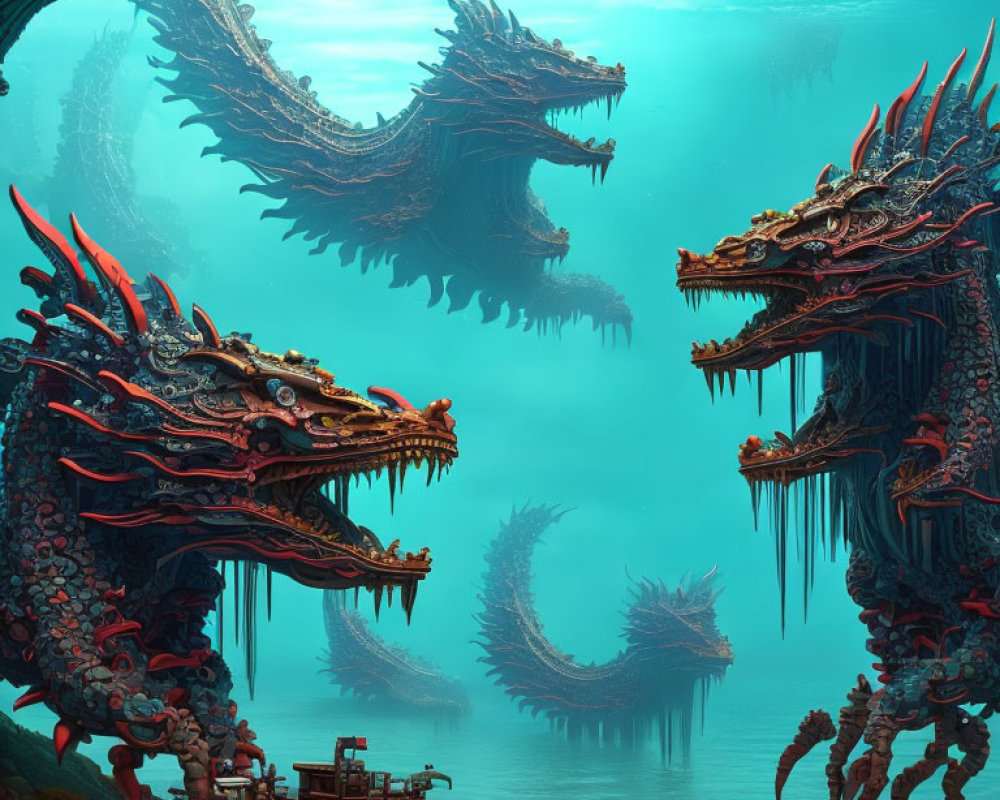 Intricately designed dragons in mystical underwater scene with ruins and sunken ship