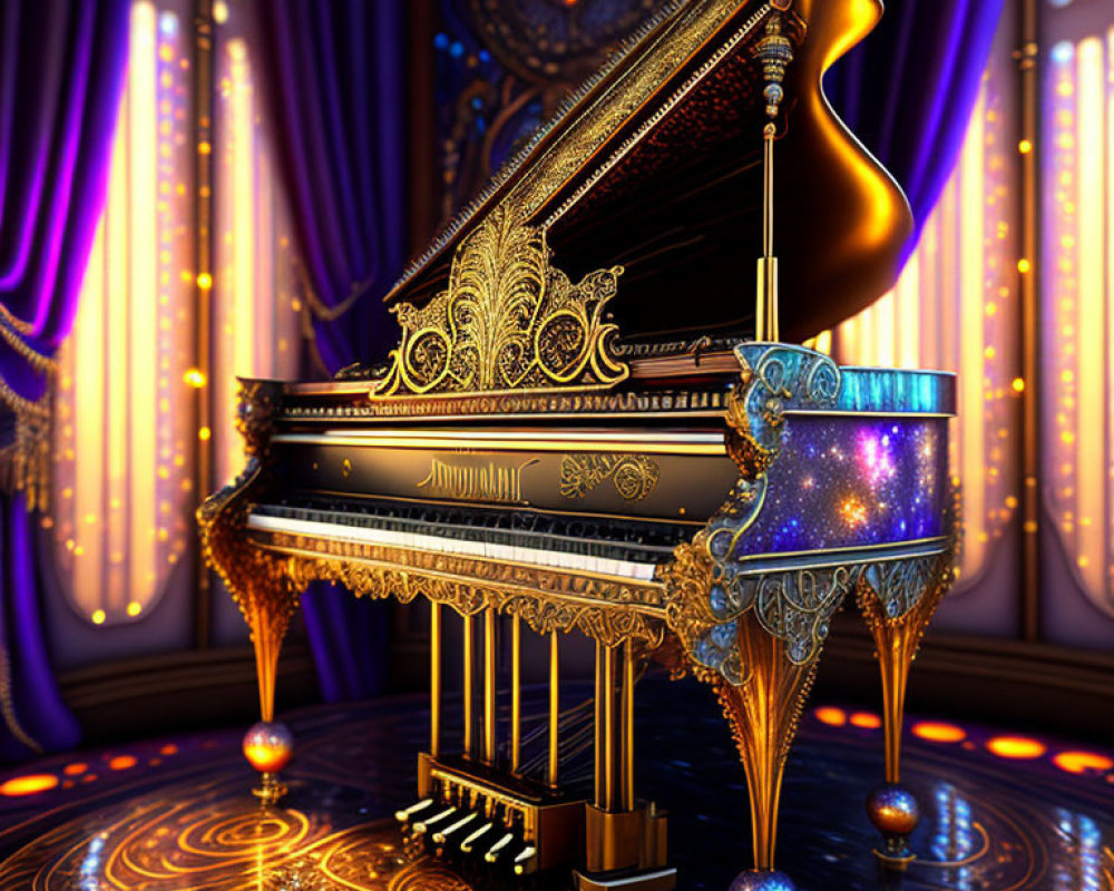 Luxurious grand piano with gold detailing on polished floor, set against purple drapes and sparkling lights