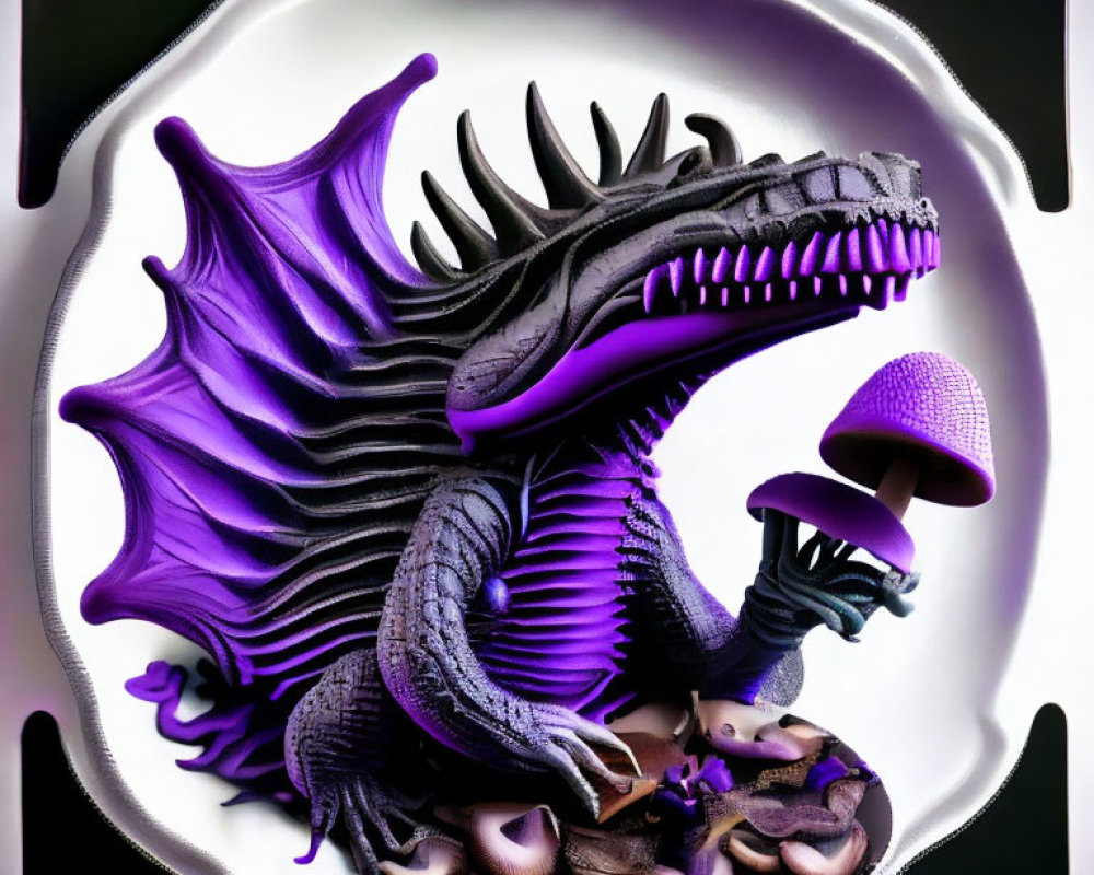 Stylized 3D Dragon Illustration with Purple Accents and Mushrooms