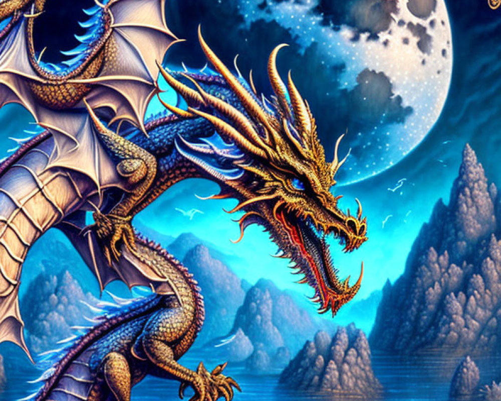 Majestic dragon on craggy rocks under full moon