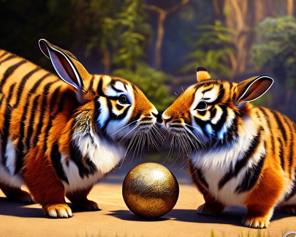 Rabbit and tiger-striped fantasy creatures with golden orb in forest clearing