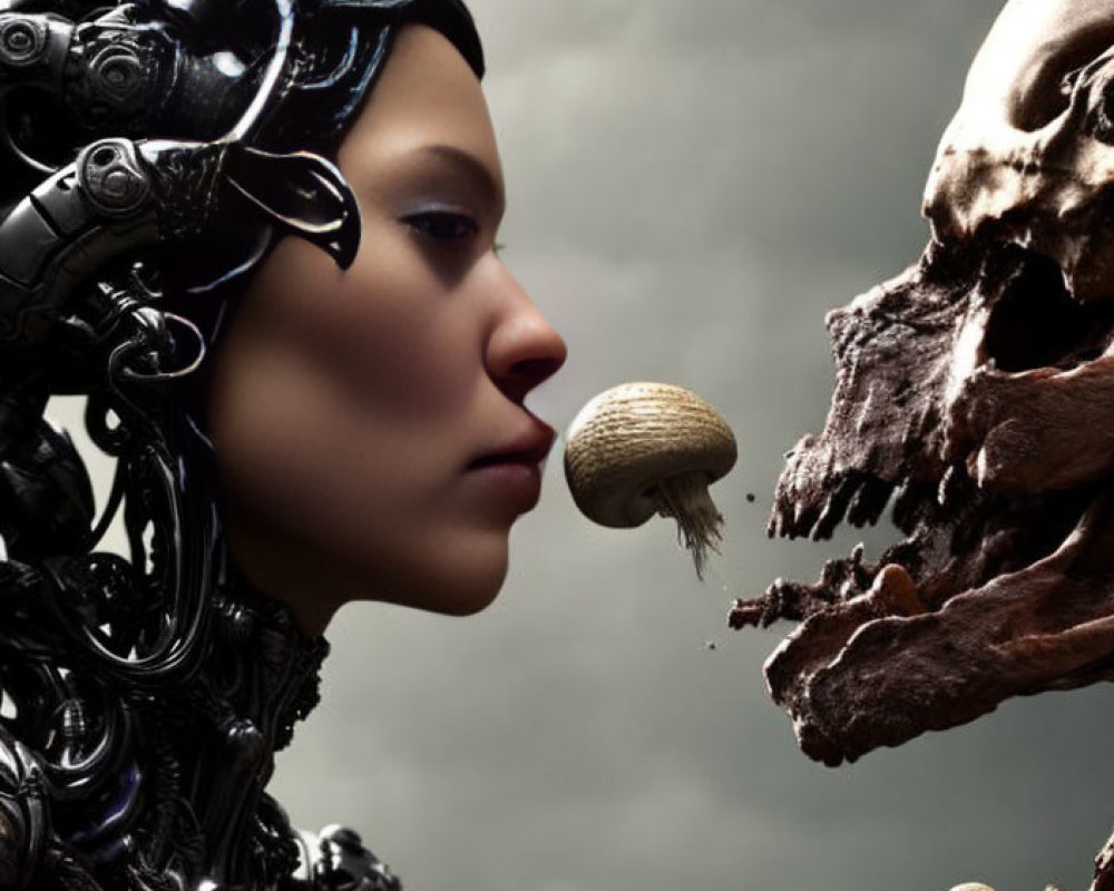 Intricate humanoid robot with mechanical parts touching human skull and mushroom growing from surface