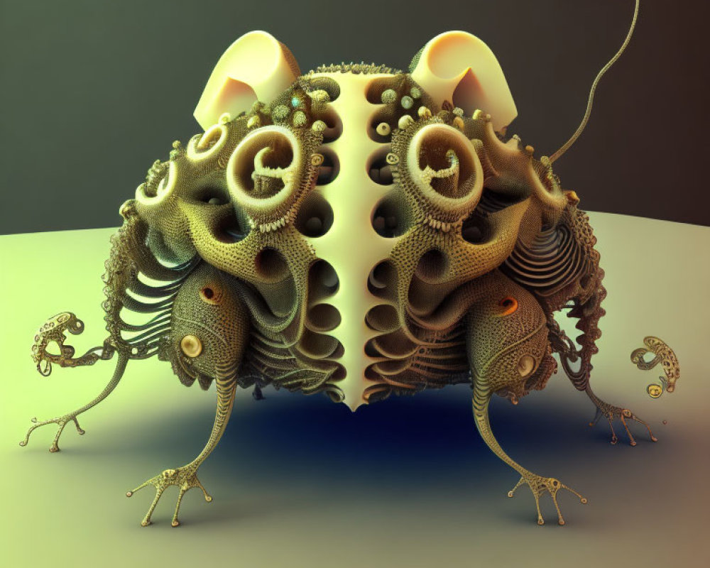 Symmetrical 3D creature with glowing orbs in gradient environment
