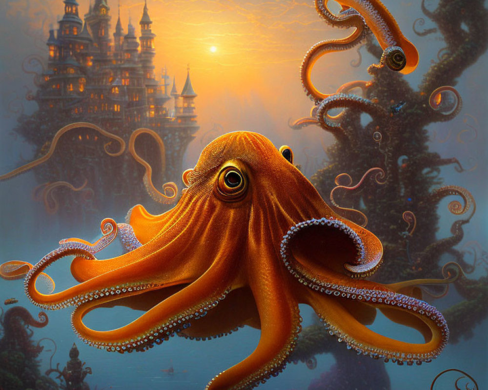Detailed Orange Octopus in Fantasy Setting with Castle and Surreal Elements
