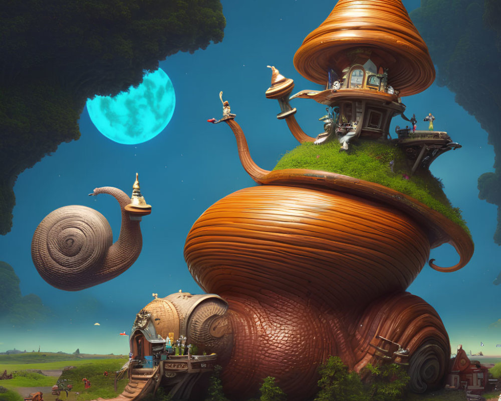 Whimsical fantasy landscape with snail-shaped house and blue moon