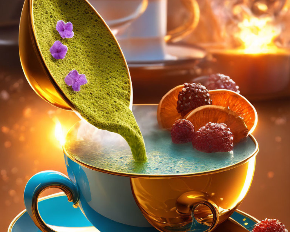 Blue Teacup with Aqua Potion, Berries, and Fiery Background