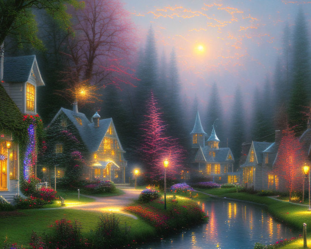 Scenic village with glowing houses near river at twilight