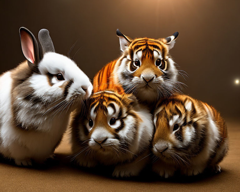 Digital Art Image: Three Tiger Cubs and Lop-Eared Rabbit with Enhanced Fur Detail