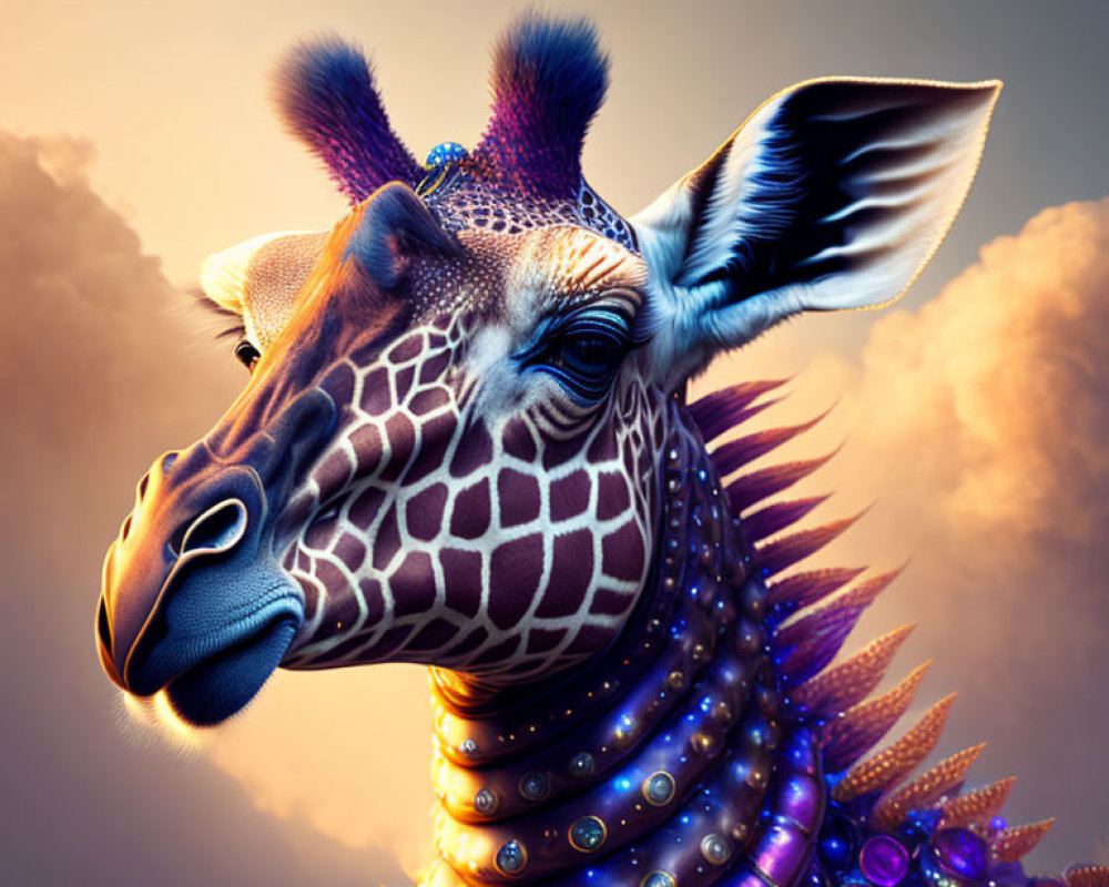 Colorful stylized giraffe illustration with human-like eyes and jeweled accessories