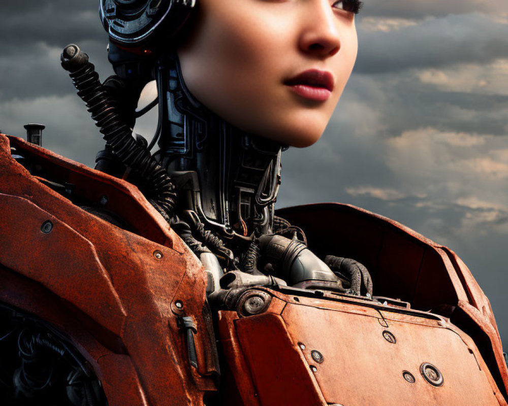 Detailed humanoid robot with lifelike female face against dramatic sky