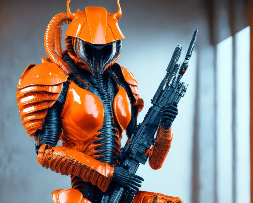 Futuristic soldier in orange and black armor with alien-like helmet & segmented gear