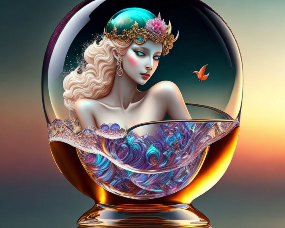 Colorful Stylized Woman Bust in Crystal Ball with Butterfly