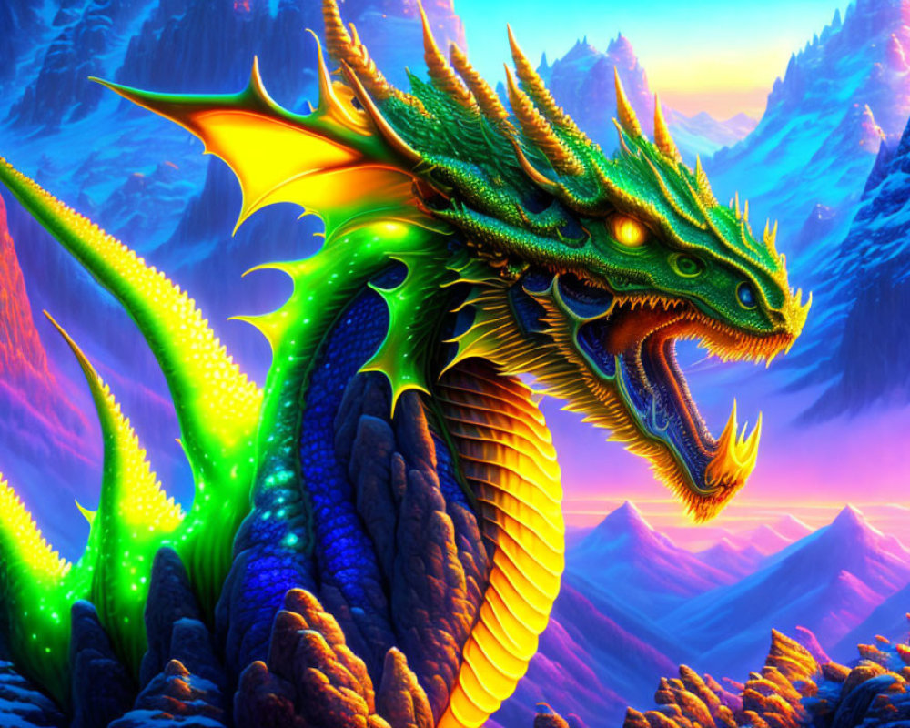 Colorful Dragon Artwork Against Mountain Sunset Landscape