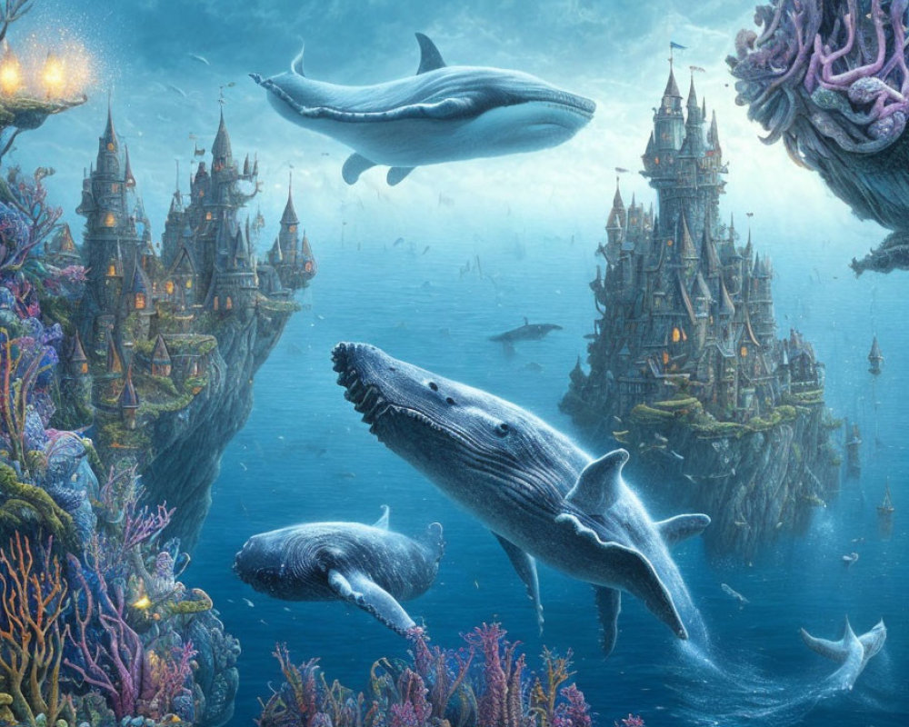 Whales swimming in coral reef with castle-like structures in serene ocean