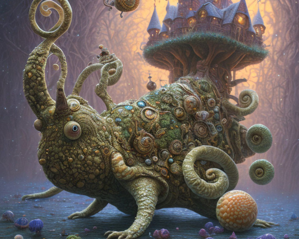 Whimsical chameleon-like creature with spiral horns carries castle on misty, snail-covered landscape