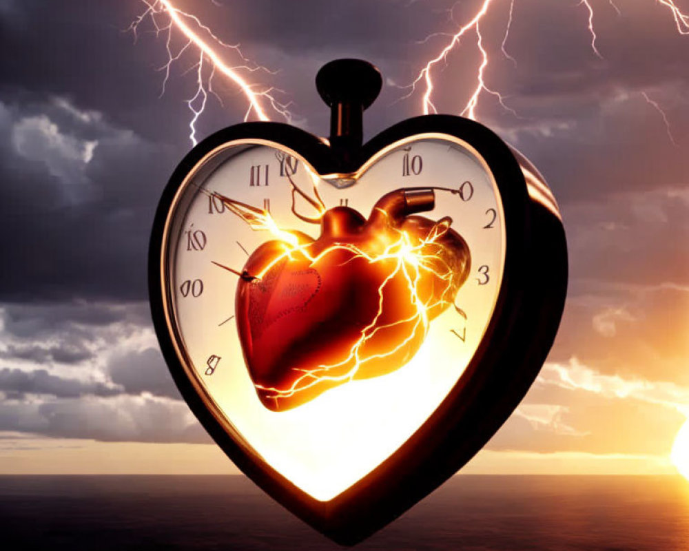 Heart-shaped pocket watch with human heart, lightning bolts, ocean sunset.