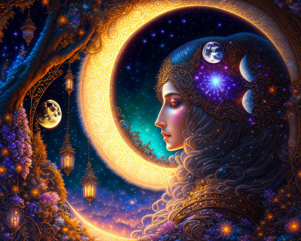 Fantasy illustration of woman with cosmos hair and crescent moon frame.