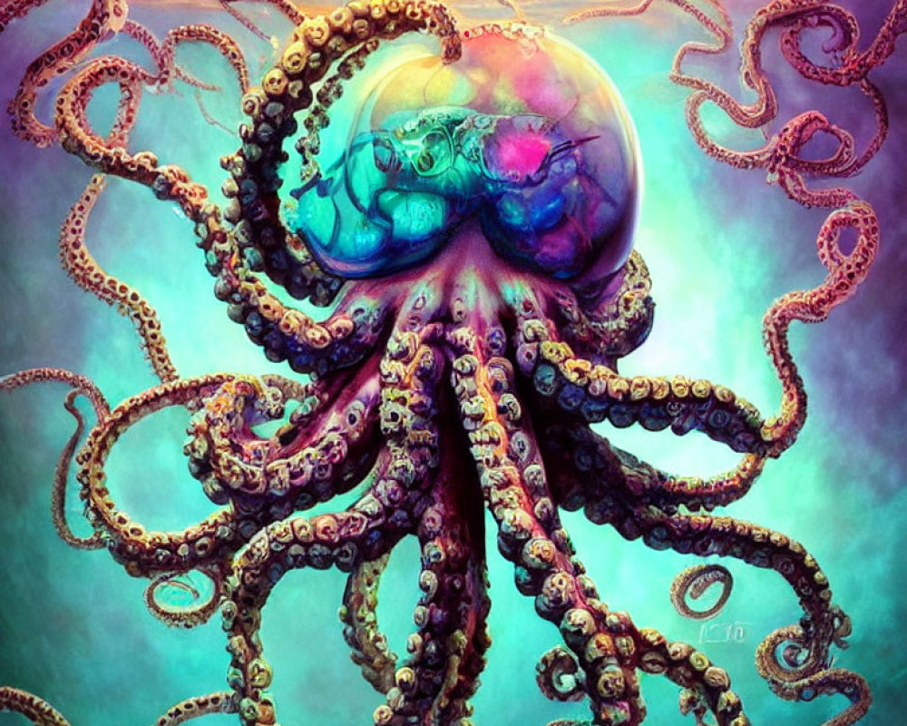 Colorful surreal octopus illustration with intricate patterns on tentacles