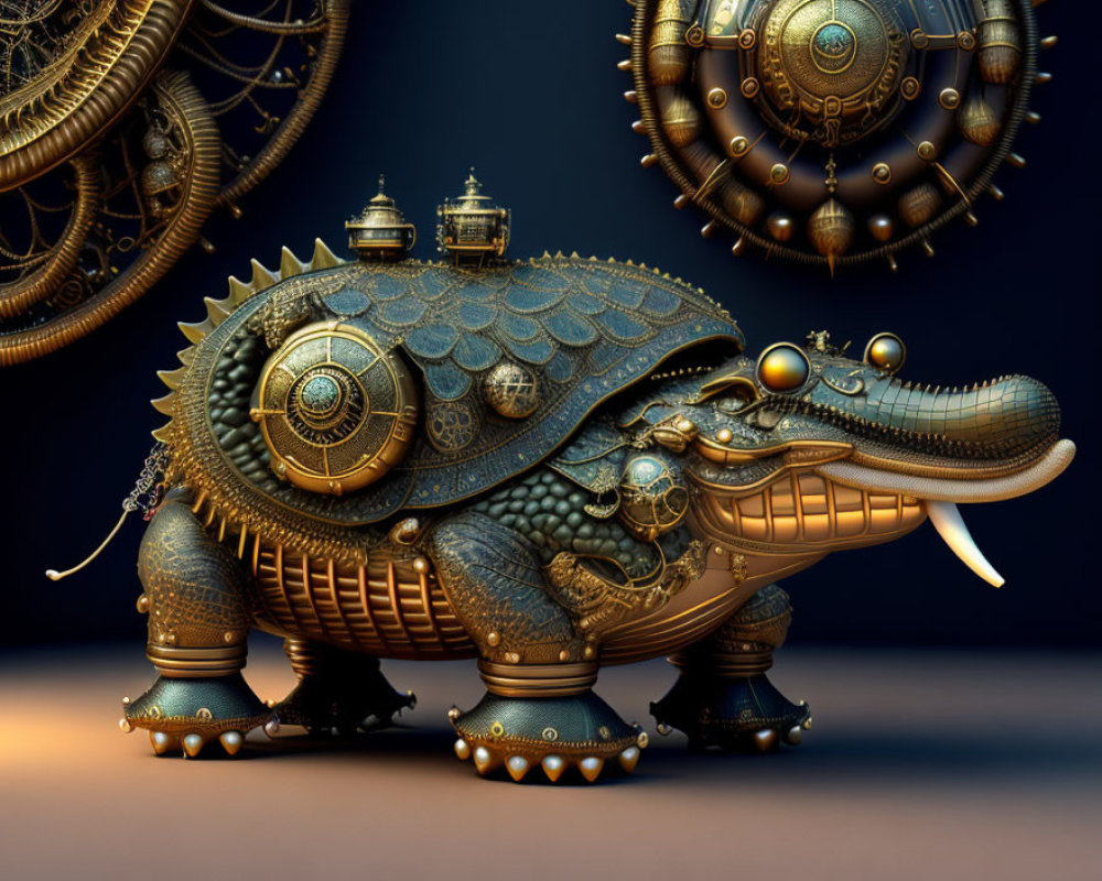 Steampunk-style mechanical alligator with intricate gears and metalwork