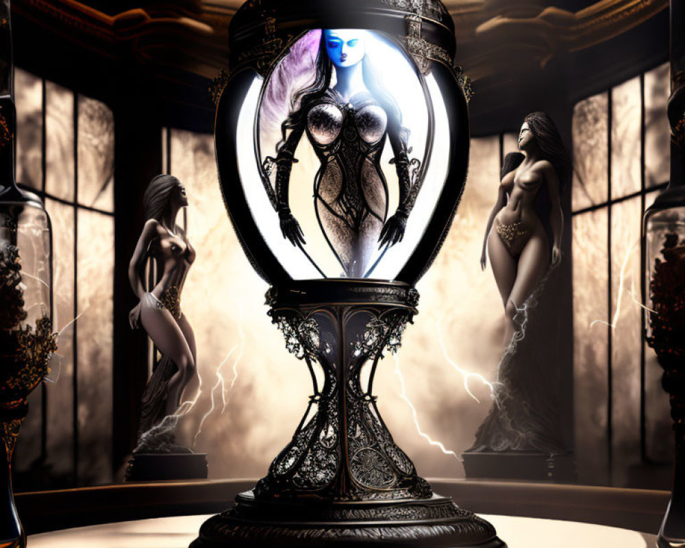 Ornate hourglass with woman figure and mystical light creates enchanting scene