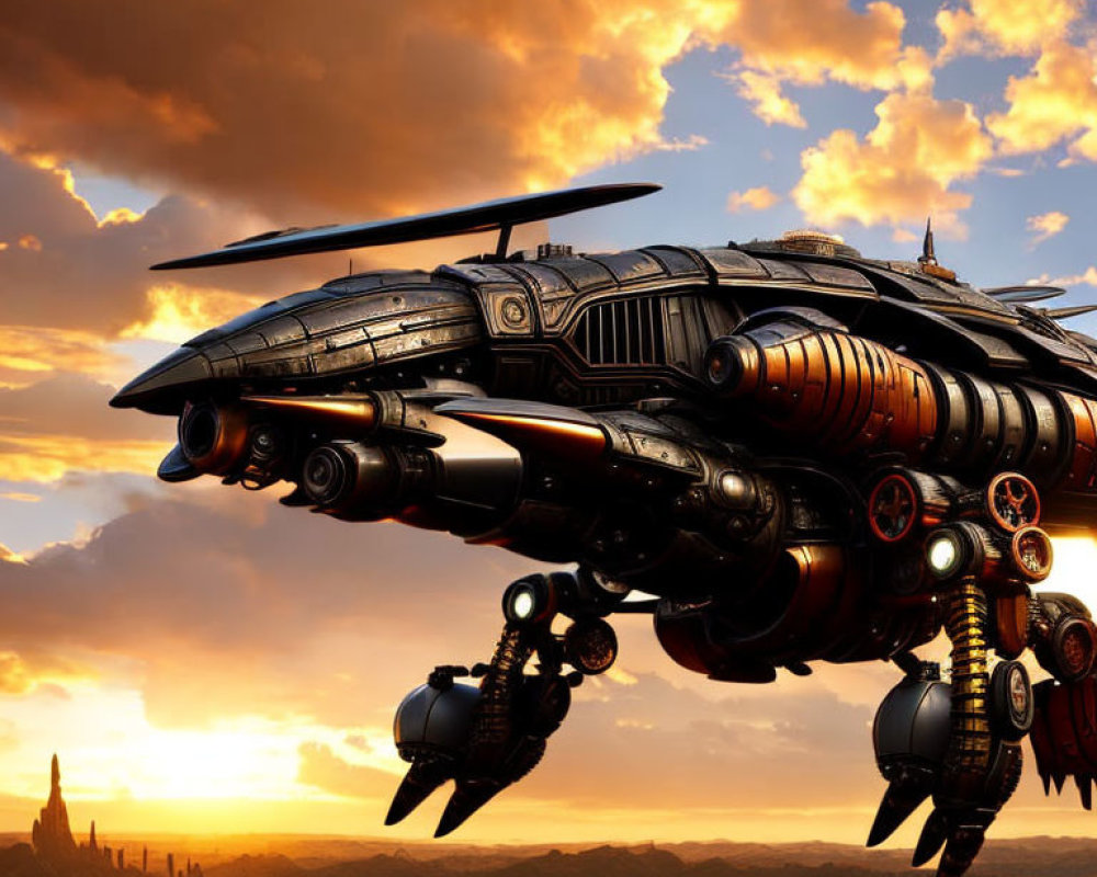 Detailed futuristic spaceship flying over sunset landscape with dramatic clouds.