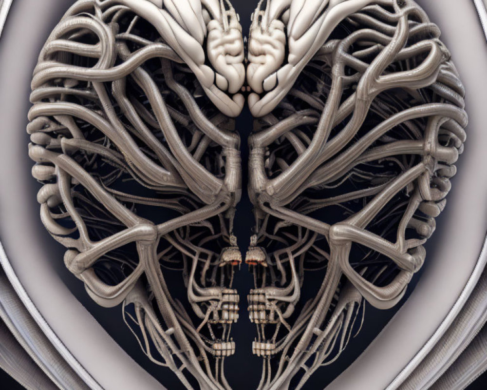Interconnected heart, brain, bones, and vessels sculpture symbolism.