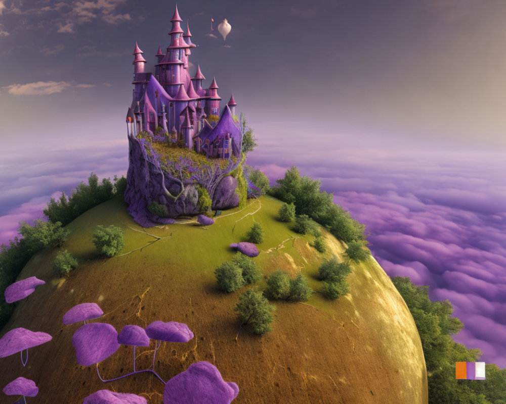 Whimsical pink spired castle on verdant hill with purple clouds, violet trees, and soaring