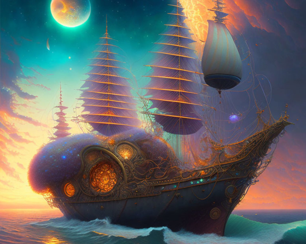 Fantastical ship with elaborate sails on ocean waves at sunset