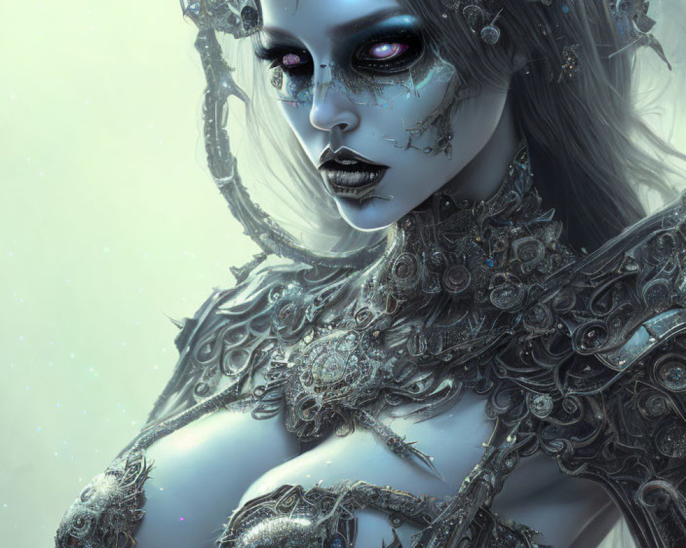 Digital artwork: Mystical female figure with metallic headgear and armor, intricate designs, pale complexion,