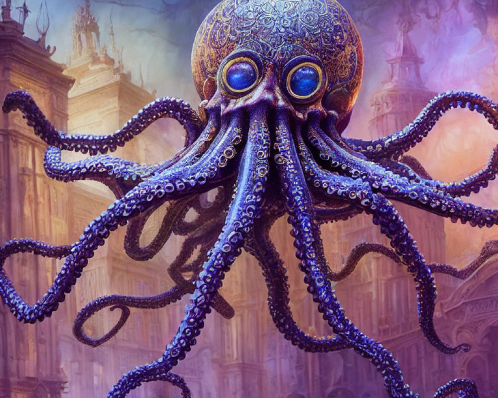 Fantastical octopus with ornate patterns and blue eyes in a purple cityscape.