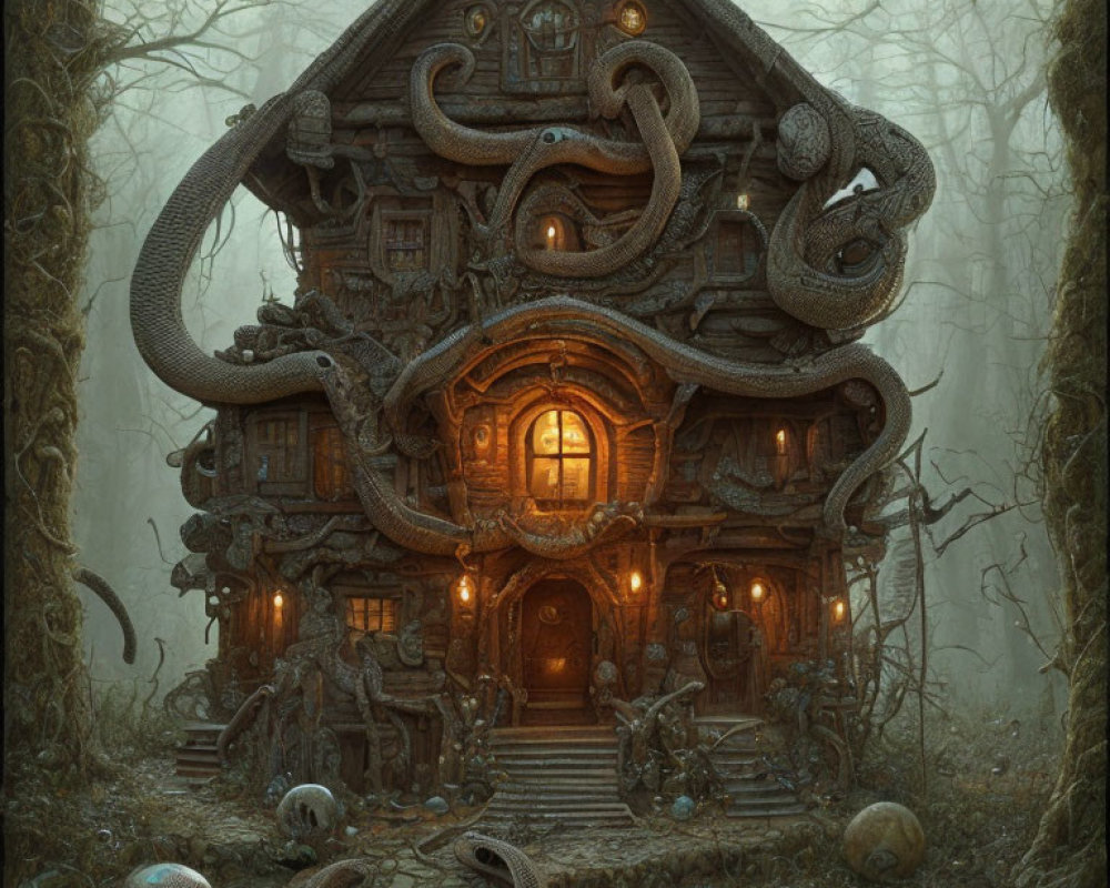 Detailed eerie house with snake sculptures in foggy forest.